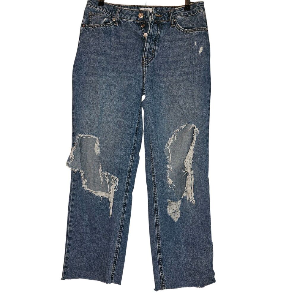 FOREVER21 Jeans Women's Size 26 Blue Distressed Straight Leg Baggy Denim Raw Hem